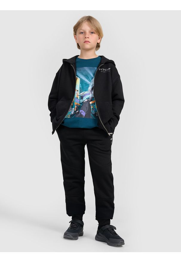 4f - 4F Bluza dresowa rozpinana z kapturem chłopięca - czarna 128 (7-8 lat). Okazja: na co dzień. Typ kołnierza: kaptur. Kolor: czarny. Materiał: dresówka. Wzór: gładki, ze splotem. Sezon: lato. Styl: casual, sportowy