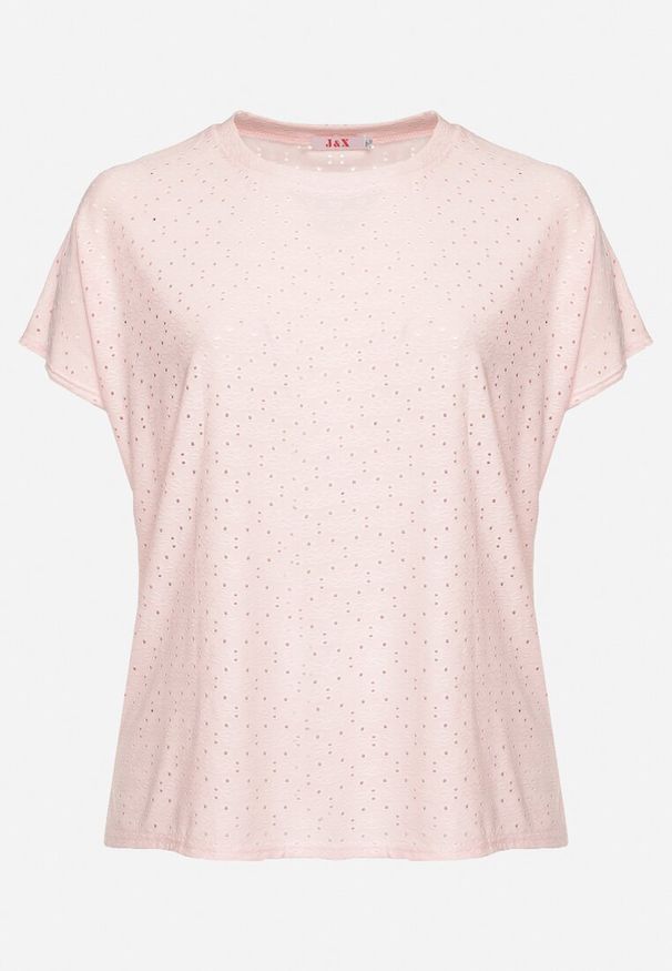 Born2be - Różowy T-shirt z Bawełną i Ażurowym Wzorem Puzira. Okazja: na co dzień. Kolor: różowy. Materiał: bawełna. Wzór: ażurowy. Styl: klasyczny, casual, elegancki
