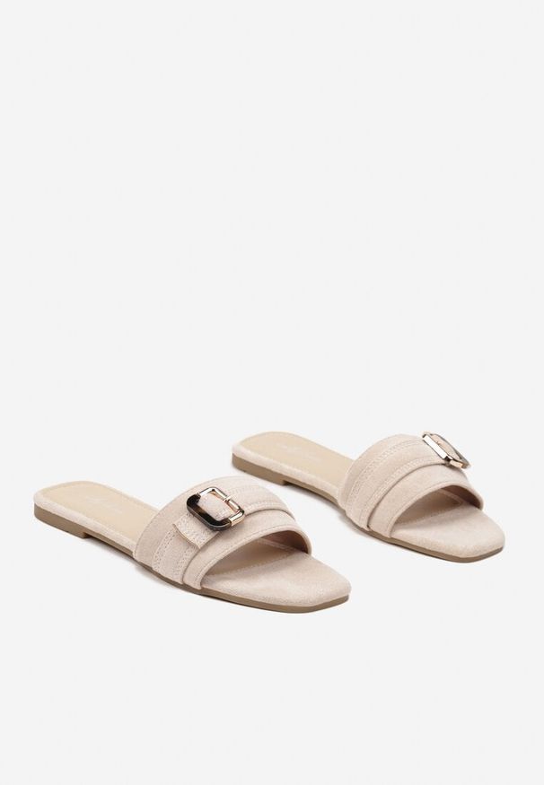 Renee - Beżowe Klapki ze Ściętym Noskiem i Klamerką Halorine. Okazja: na co dzień. Kolor: beżowy. Materiał: satyna. Sezon: wiosna, lato. Styl: casual, elegancki, wizytowy