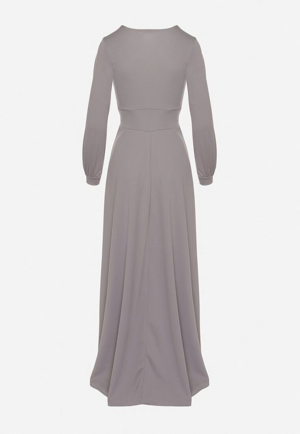 Born2be - Szara Rozkloszowana Sukienka Koktajlowa z Bufiastymi Rękawami i Rozcięciem na Nogę Erqellia. Okazja: na imprezę. Typ kołnierza: dekolt w serek. Kolor: szary. Styl: wizytowy