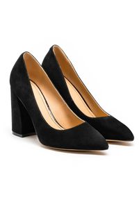 Kazar - Czarne czółenka damskie. Kolor: czarny. Materiał: zamsz. Obcas: na obcasie. Styl: elegancki, klasyczny. Wysokość obcasa: średni #3