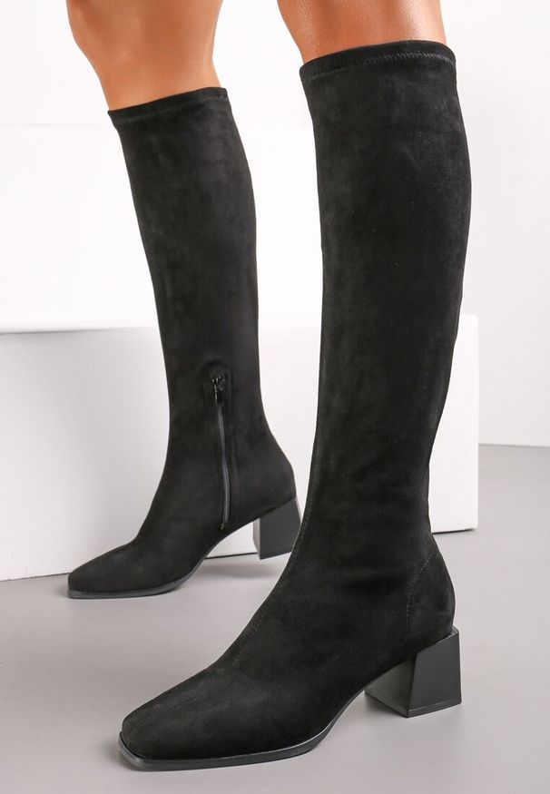 Born2be - Czarne Kozaki na Obcasie z Dopasowaną Cholewką Haimela. Okazja: do pracy. Zapięcie: zamek. Kolor: czarny. Materiał: dzianina, jeans. Szerokość cholewki: normalna. Obcas: na obcasie. Styl: elegancki. Wysokość obcasa: średni