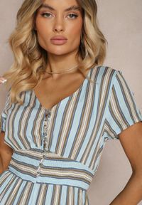 Renee - Niebieski Kombinezon z Wiskozy Wykończony Gumką w Talii i Guzikami przy Dekolcie Tinaviras. Okazja: na co dzień. Kolor: niebieski. Materiał: wiskoza. Styl: sportowy, casual #5