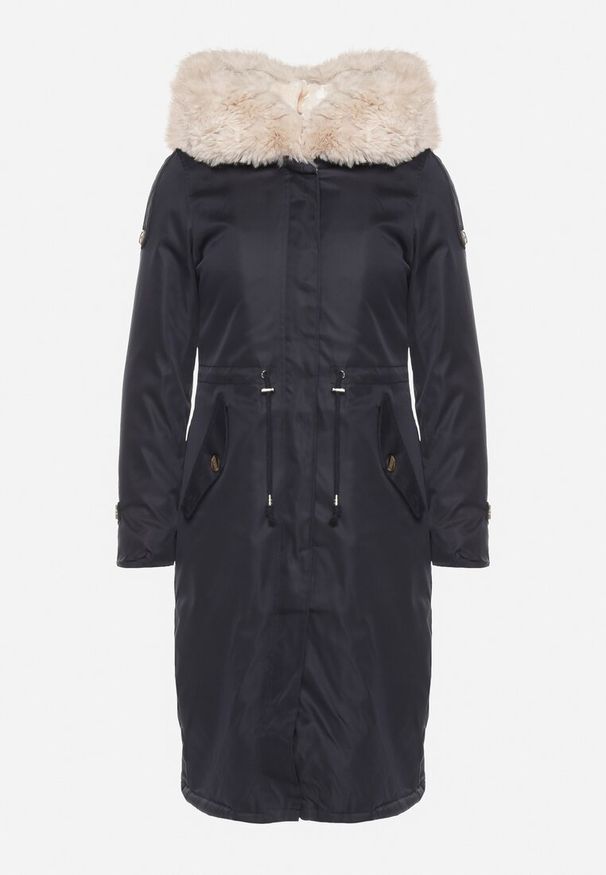 Born2be - Granatowo-Beżowa Ocieplana Kurtka Parka ze Ściągaczem w Pasie z Odpinanym Futrem przy Kapturze Tintelissa. Okazja: na co dzień. Kolor: niebieski. Materiał: futro. Styl: klasyczny, casual, elegancki, sportowy