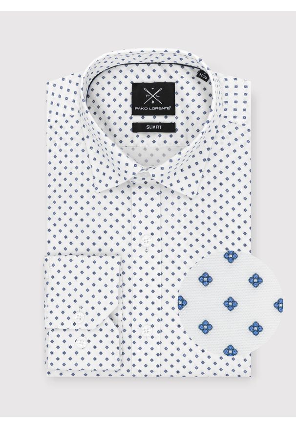 PAKO LORENTE – Biała męska koszula w niebieski mikrowzór P24SF-1X-018-B-S - Pako Lorente. Okazja: na co dzień. Kolor: wielokolorowy, niebieski, biały. Materiał: jeans, elastan. Styl: casual