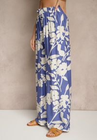 Renee - Niebieskie Szerokie Spodnie z Wiskozy High Waist w Kwiatowy Wzór Elaneora. Okazja: na co dzień. Stan: podwyższony. Kolor: niebieski. Materiał: wiskoza. Wzór: kwiaty. Styl: elegancki, casual #4