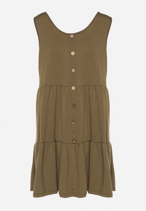 Born2be - Ciemnozielona Sukienka o Rozkloszowanym Kroju na Szerokich Ramiączkach z Guzikami Saniella. Okazja: na co dzień. Kolor: zielony. Długość rękawa: na ramiączkach. Typ sukienki: rozkloszowane. Styl: klasyczny, casual, elegancki