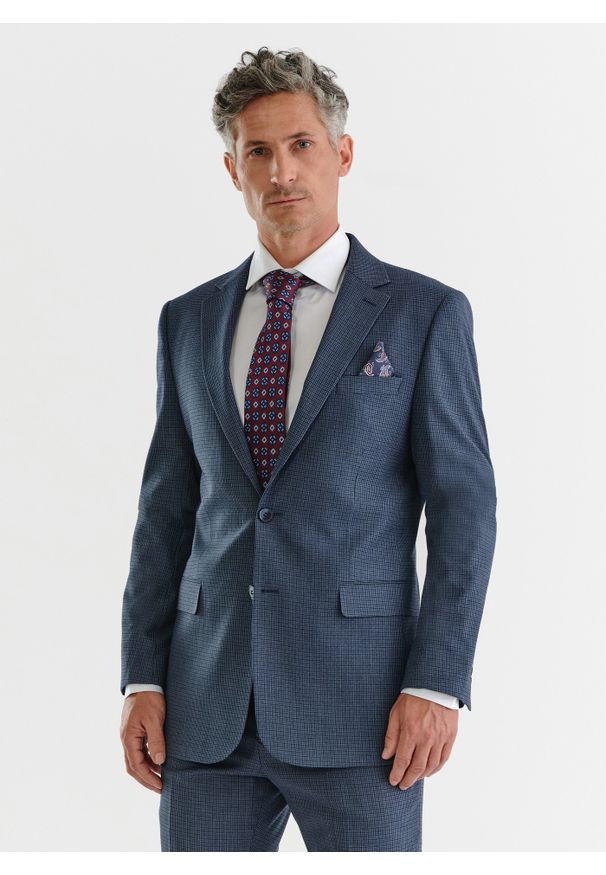 Pako Lorente - PAKO LORENTE – Granatowa marynarka garniturowa w pepitkę. Okazja: na ślub cywilny, na wesele. Kolor: niebieski. Styl: elegancki
