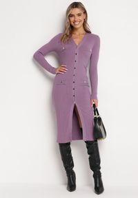 Born2be - Fioletowa Sukienka Sweterkowa na Guziki Gricrana. Kolor: fioletowy. Typ sukienki: dopasowane. Długość: midi #2