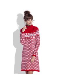Fobya - Czerwono Biała Sukienka Żakardowa w Skandynawskie Wzory. Kolor: biały, czerwony, wielokolorowy. Materiał: żakard