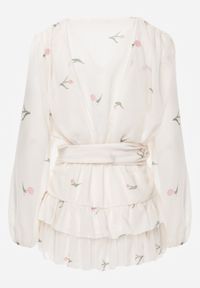 Born2be - Beżowy Szyfonowy Kombinezon z Falbanami i Wiązaniem w Pasie Rovenda. Okazja: na co dzień. Kolor: beżowy. Materiał: szyfon. Styl: casual, elegancki #8