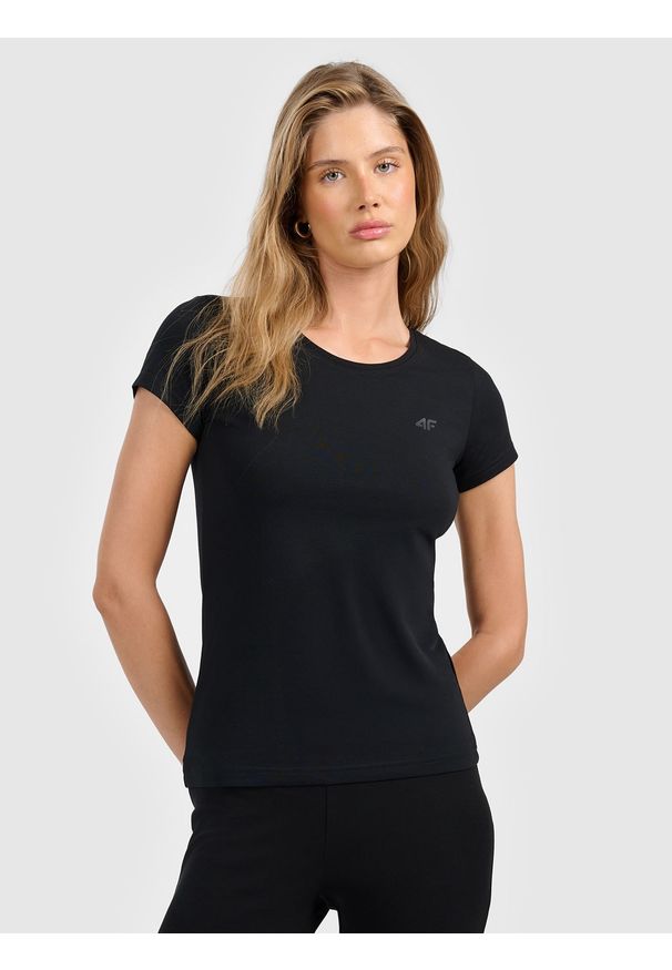 4f - 4F T-shirt slim gładki damski S. Kolor: czarny. Materiał: dzianina, bawełna, elastan. Długość rękawa: krótki rękaw. Długość: krótkie. Wzór: gładki. Styl: sportowy, klasyczny
