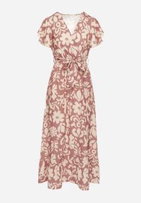 Born2be - Ciemnobeżowa Sukienka o Rozkloszowanym Kroju w Kwiaty Ozdobiona Paskiem Nilatra. Okazja: na co dzień. Kolor: beżowy. Długość rękawa: krótki rękaw. Wzór: kwiaty, aplikacja. Sezon: lato. Typ sukienki: rozkloszowane. Styl: elegancki, casual #6