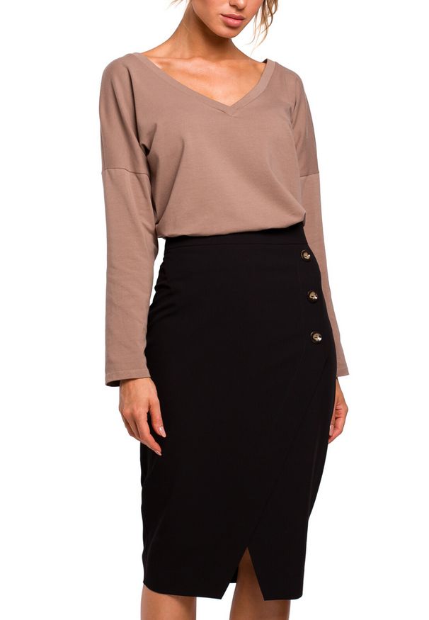 MOE - Elegancka ołówkowa spódnica z ozdobnymi guzikami. Materiał: elastan, materiał. Wzór: aplikacja. Styl: elegancki