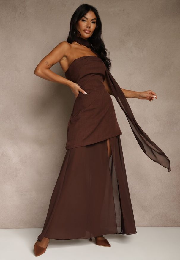 Renee - Brązowa Wieczorowa Sukienka Bandeau z Dodatkowym Szalem Meridvia. Okazja: na wesele, na ślub cywilny, na imprezę. Kolor: brązowy. Długość rękawa: na ramiączkach. Styl: wizytowy