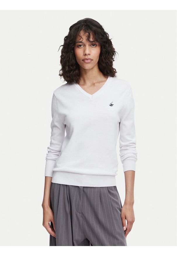 Beverly Hills Polo Club Sweter P-SS26W-M536563 Biały Regular Fit. Typ kołnierza: polo. Kolor: biały. Materiał: bawełna