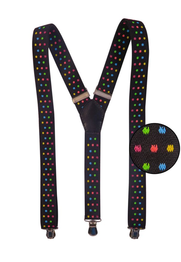 Modini - Czarne szelki w kolorowe kropki unisex X23. Kolor: czarny. Materiał: skóra, guma. Wzór: kolorowy, kropki