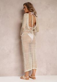 Renee - Beżowa Ażurowa Sukienka Narzutka z Długimi Rękawami Odemia. Kolor: beżowy. Długość rękawa: długi rękaw. Długość: długie. Wzór: ażurowy #2