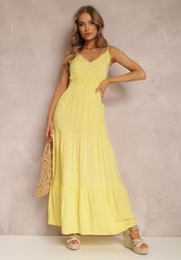 Renee - Żółta Sukienka Egithoe. Kolor: żółty. Długość rękawa: na ramiączkach. Wzór: ażurowy, jednolity, aplikacja. Długość: midi #2