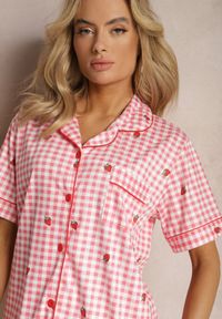 Renee - Różowo-Biały Komplet Piżamowy Koszula na Guziki i Szorty o Luźnym Fasonie w Kratę Anseli. Kolor: różowy. Wzór: kratka #5