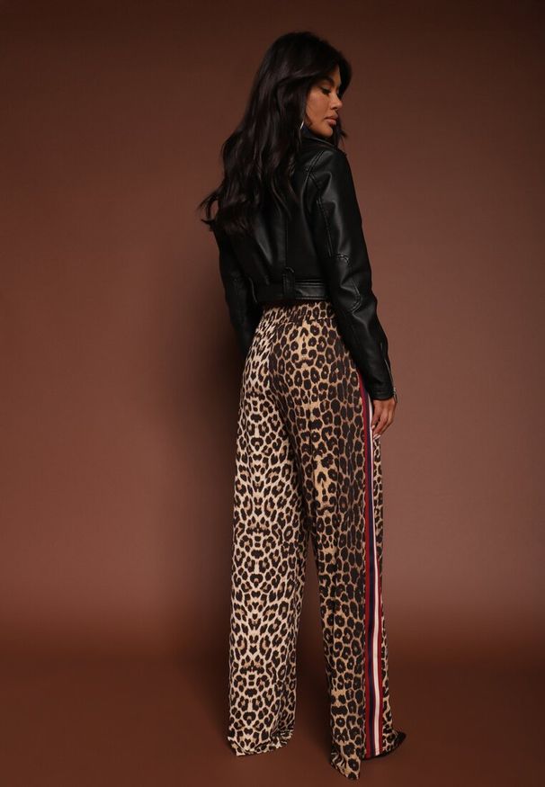 Renee - Brązowe Spodnie z Wiskozą High Waist o Szerokim Kroju z Lampasami Elosina. Okazja: na co dzień. Stan: podwyższony. Kolor: brązowy. Materiał: wiskoza. Wzór: motyw zwierzęcy. Styl: casual, elegancki