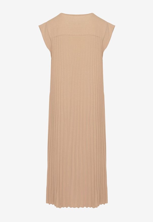 Born2be - Beżowa Plisowana Sukienka Mavence. Okazja: na co dzień. Kolor: brązowy. Wzór: nadruk. Styl: casual, klasyczny