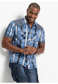 bonprix - Koszula z krótkim rękawem i wstawką z denimu. Kolor: niebieski. Materiał: denim. Długość rękawa: krótki rękaw. Długość: krótkie #1