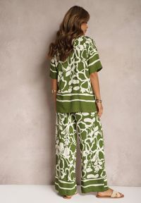 Renee - Zielono-Beżowy Letni Komplet Luźna Koszula z Krótkim Rękawem Szerokie Spodnie z Gumką w Talii Vikiimina. Kolor: zielony. Materiał: tkanina, materiał. Wzór: aplikacja #4
