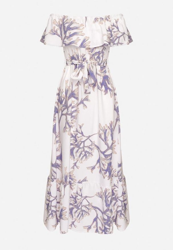 Born2be - Niebiesko-Biała Sukienka Hiszpanka o Rozkloszowanym Kroju z Wiązanym Paskiem Sesiniela. Okazja: na co dzień. Typ kołnierza: dekolt hiszpanka. Kolor: niebieski. Typ sukienki: rozkloszowane. Styl: casual, elegancki