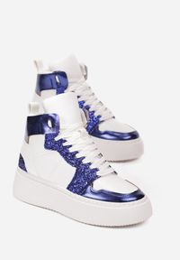 Renee - Biało-Granatowe Sznurowane Sneakersy za Kostkę z Brokatem i Metalicznymi Wstawkami Sareena. Wysokość cholewki: za kostkę. Kolor: biały