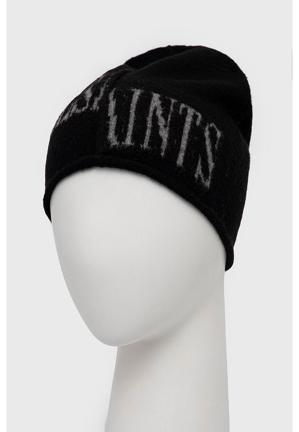 AllSaints Czapka z domieszką wełny kolor czarny z cienkiej dzianiny. Kolor: czarny. Materiał: wełna, dzianina