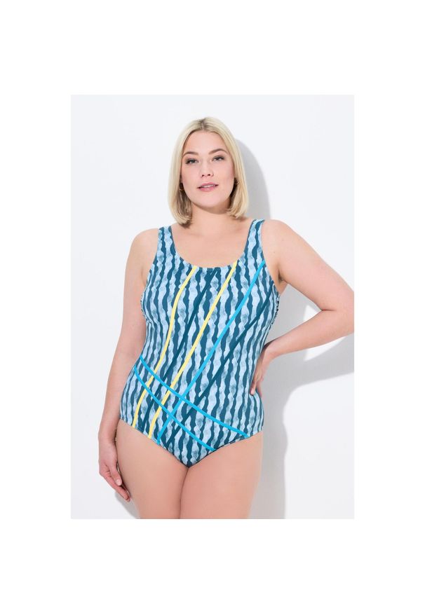 ULLA POPKEN - Damski Strój kąpielowy wzór w fale lamówka bez miękkich miseczek z recyklingu. Kolekcja: plus size. Kolor: zielony. Materiał: poliamid, poliester, materiał, elastan