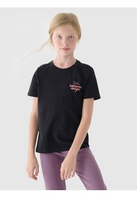 4f - 4F T-shirt z nadrukiem dziewczęcy - czarny 140 (9-10 lat). Okazja: na co dzień. Kolor: czarny. Materiał: bawełna, jersey, dzianina. Wzór: nadruk. Sezon: lato. Styl: klasyczny, sportowy, casual
