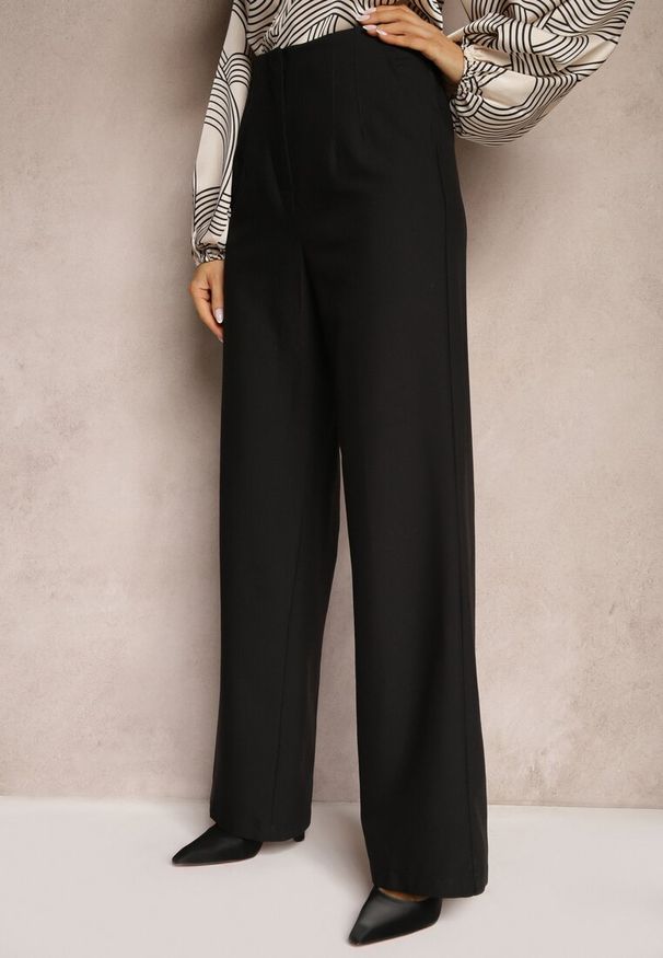Renee - Czarne Szerokie Spodnie z Imitacją Kieszeni Garniturowe High Waist Iriniael. Stan: podwyższony. Kolor: czarny. Materiał: tkanina