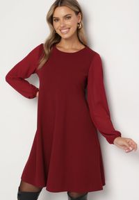 Born2be - Bordowa Sukienka o Rozkloszowanym Kroju z Półtransparentnymi Rękawami Edalinne. Okazja: na co dzień, do pracy. Kolor: czerwony. Materiał: skóra. Typ sukienki: proste. Styl: casual, elegancki #4