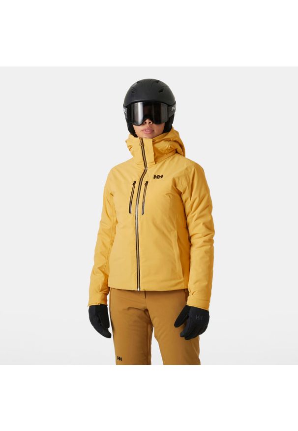 Damska kurtka narciarska Helly Hansen Alphelia Lifaloft. Kolor: żółty, beżowy, wielokolorowy. Technologia: Primaloft. Sezon: zima. Sport: narciarstwo