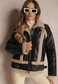 Renee - Czarna Kurtka Biker z Imitacji Skóry i Kożuszkiem Nilos. Kolor: czarny. Materiał: skóra. Długość: krótkie. Wzór: paski. Sezon: zima, jesień #7