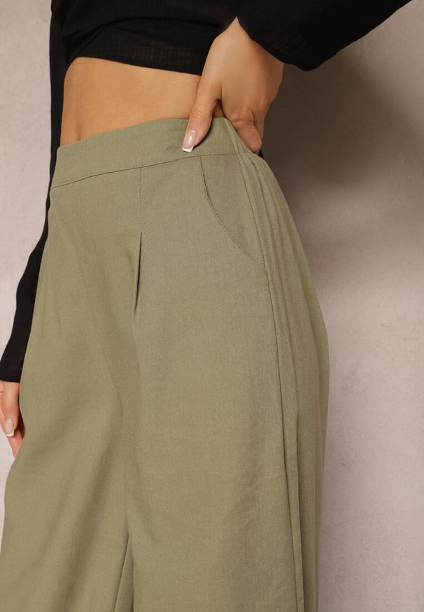 Renee - Zielone Szerokie Spodnie z Lnem z Gumką w Talii Airelttis. Kolor: zielony. Materiał: len. Sezon: lato. Styl: elegancki