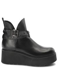 Czarne Botki Armodo Damskie Buty Ze Skóry Naturalnej. Zapięcie: pasek. Kolor: czarny. Materiał: skóra. Wzór: grochy. Obcas: na platformie #3