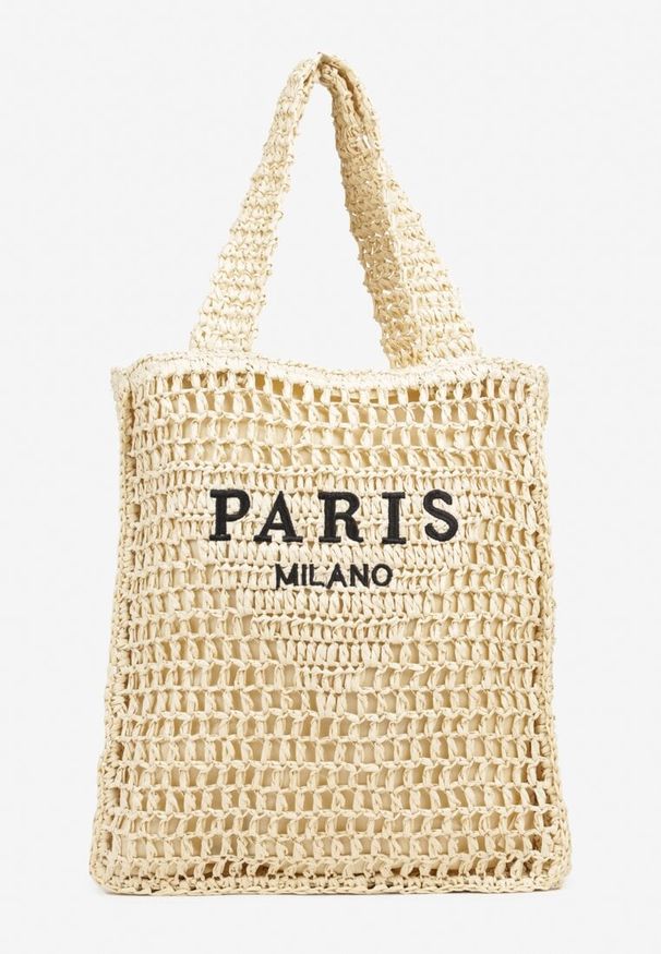 Renee - Beżowa Pleciona Torebka Shopper Ozdobiona Napisem Lavauri. Kolor: beżowy. Wzór: napisy, aplikacja. Styl: elegancki, casual