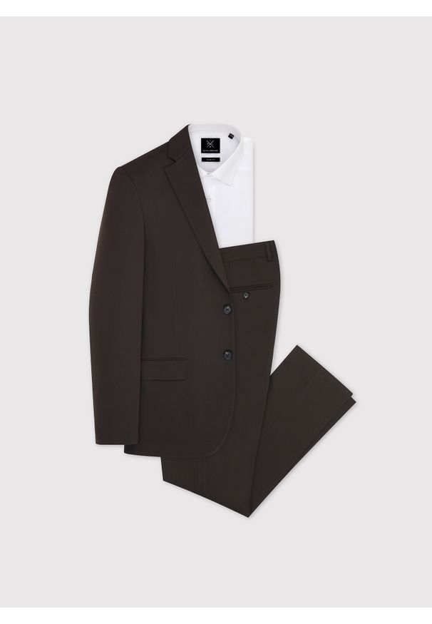 Pako Lorente - PAKO LORENTE - Ciemnobrązowy garnitur męski. Kolor: brązowy. Materiał: poliester, elastan, wiskoza