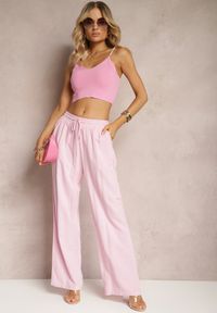 Renee - Różowe Szerokie Spodnie z Wiskozy z Dodatkiem Lnu Delsira. Okazja: na co dzień. Stan: podwyższony. Kolekcja: plus size. Kolor: różowy. Materiał: len, wiskoza. Długość: długie. Styl: elegancki, casual #4