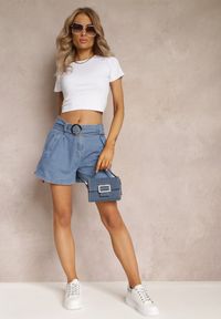 Renee - Granatowe Szorty High Waist z Bawełny Ozdobione Paskiem z Klamrą Dasslina. Stan: podwyższony. Kolor: niebieski. Materiał: bawełna. Wzór: aplikacja