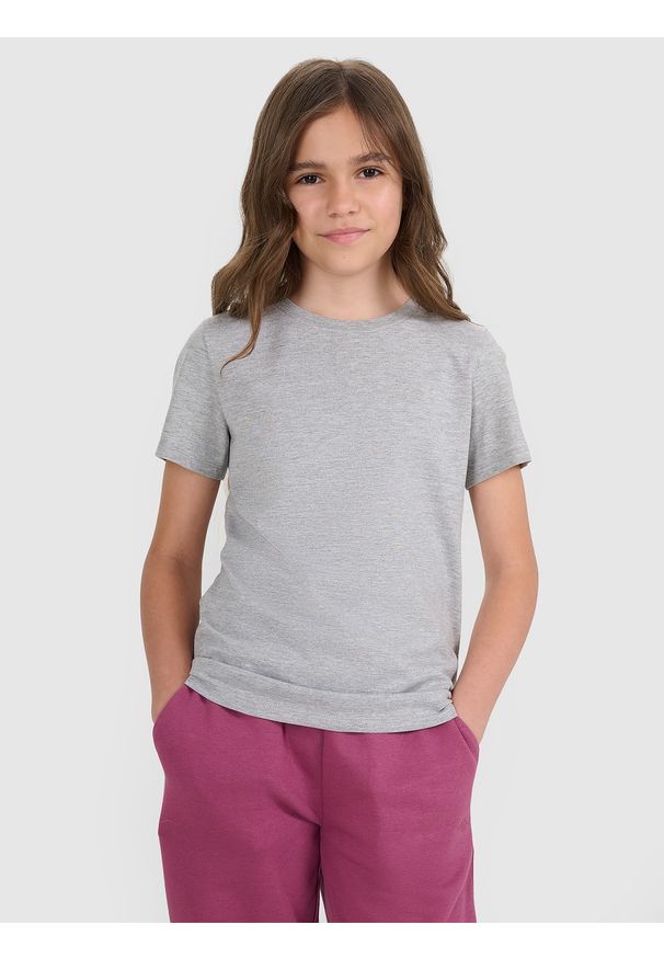 4f - 4F T-shirt regular gładki dziewczęcy - szary 122 (6-7 lat). Okazja: na co dzień. Kolor: szary. Materiał: bawełna, materiał, jersey. Długość rękawa: krótki rękaw. Długość: krótkie. Wzór: gładki. Sezon: lato. Styl: klasyczny, młodzieżowy, sportowy, casual