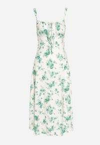 Born2be - Biało-Zielona Taliowana Sukienka w Kwiaty Ozdobiona Wiązaniem Firavire. Okazja: na co dzień. Kolor: zielony. Wzór: aplikacja, kwiaty. Sezon: wiosna, lato. Typ sukienki: sportowe. Styl: casual, sportowy #5