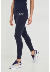 EA7 Emporio Armani legginsy damskie kolor granatowy z nadrukiem. Kolor: niebieski. Materiał: dzianina. Wzór: nadruk