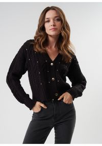 Ochnik - Czarny sweter damski z nitami. Kolor: czarny. Materiał: akryl. Długość: długie. Wzór: aplikacja #3