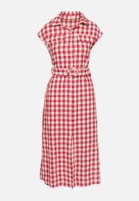 Born2be - Czerwona Bawełniana Sukienka w Kratę o Koszulowym Kroju na Guziki z Paskiem i Klamrą Qelatia. Okazja: na spotkanie biznesowe. Kolor: czerwony. Materiał: bawełna. Typ sukienki: koszulowe. Styl: elegancki, biznesowy #3