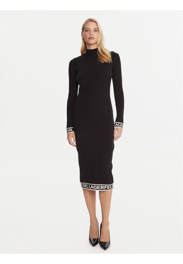 Karl Lagerfeld - KARL LAGERFELD Sukienka dzianinowa A4W13028 Czarny Slim Fit. Typ kołnierza: dekolt w karo. Kolor: czarny. Materiał: bawełna