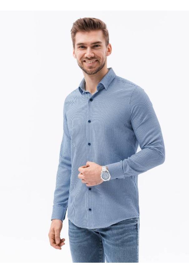 Ombre Clothing - Żakardowa koszula męska w drobny wzór REGULAR FIT K619 - jasnoniebieska - XXL. Okazja: na co dzień. Kolor: niebieski. Materiał: żakard. Długość rękawa: długi rękaw. Długość: długie. Styl: casual, klasyczny